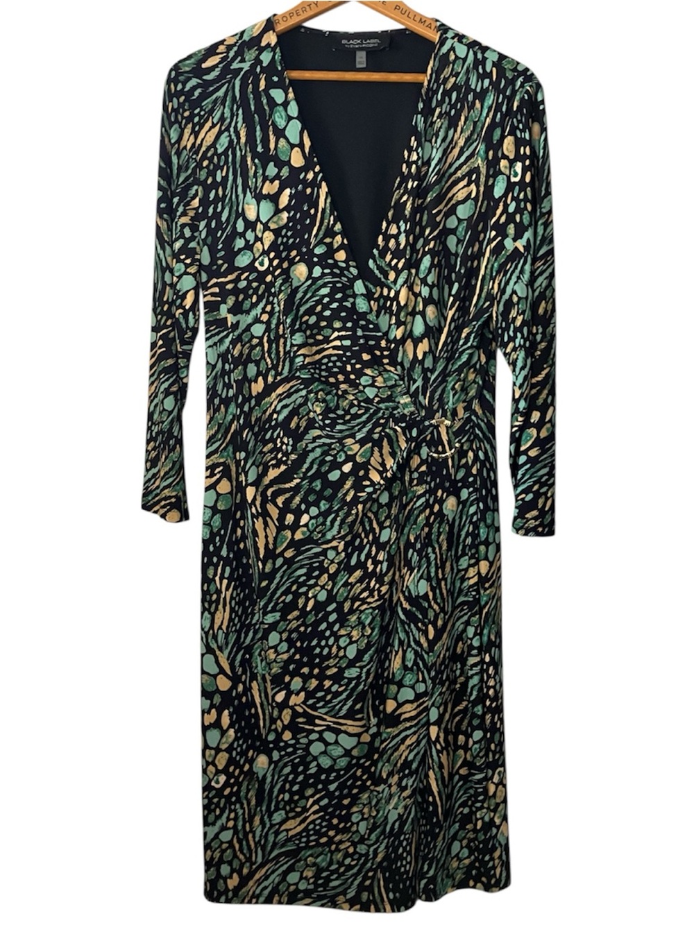 Black Label by Evan-Picone Abstract Print Faux-Wrap Midi Dress Size 14